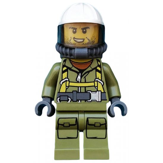 Volcano Explorer - Male Worker, Suit with Harness, Construction Helmet, Breathing Neck Gear with Yellow Air Tanks, Trans-Black Visor, Stubble