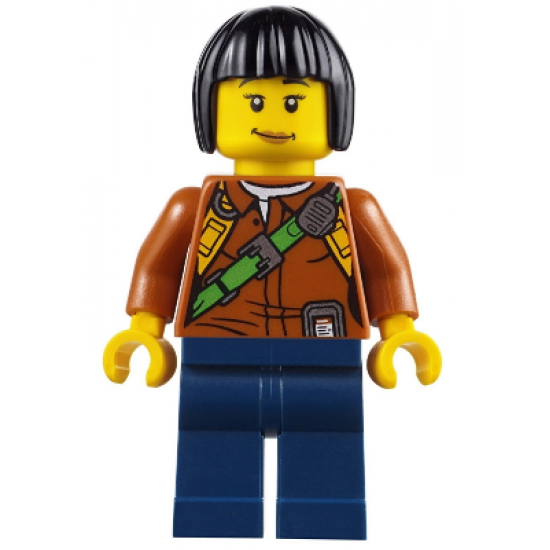 City Jungle Explorer Female - Dark Orange Shirt with Green Strap, Dark Blue Legs, Black Bob Cut Hair, Peach Lips Lopsided Smile