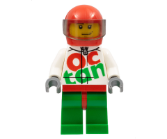 Race Car Driver, White Octan Race Suit with Silver Zipper, Red Helmet with Trans-Black Visor, Crooked Smile, Stubble Beard