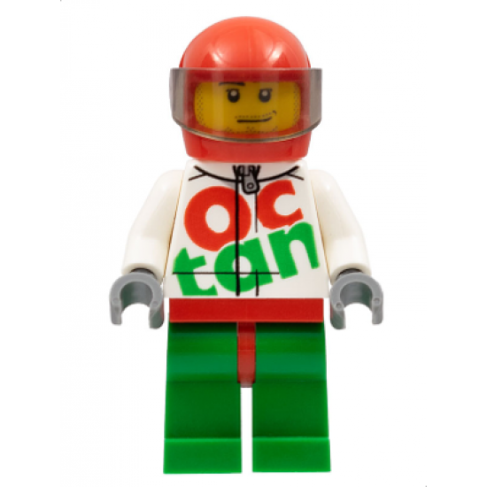 Race Car Driver, White Octan Race Suit with Silver Zipper, Red Helmet with Trans-Black Visor, Crooked Smile, Stubble Beard
