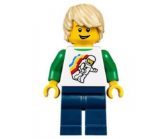 Boy - Classic Space Minifigure Floating Pattern, Dark Blue Legs, Tan Tousled Hair