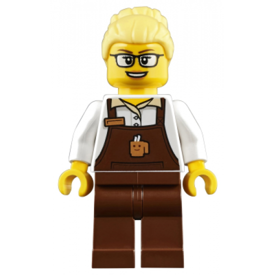 Female with Reddish Brown Apron with Cup and Name Tag Pattern, Bright Light Yellow Hair Female Large High Bun, Glasses