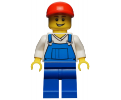 Overalls Blue over V-Neck Shirt, Blue Legs, Red Short Bill Cap, Open Grin
