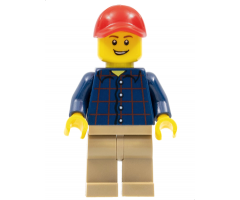 Plaid Button Shirt, Dark Tan Legs, Red Cap with Hole, Lopsided Grin with Teeth