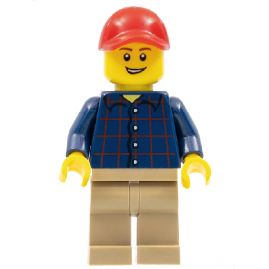 Plaid Button Shirt, Dark Tan Legs, Red Cap with Hole, Lopsided Grin with Teeth