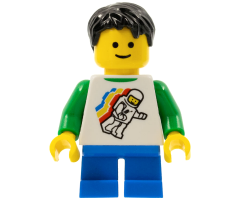 Boy - Classic Space Minifigure Floating Pattern, Blue Short Legs, Black Tousled Hair