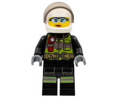 Fire - Reflective Stripes with Utility Belt and Flashlight, White Helmet, Trans-Black Visor, Safety Glasses, Peach Lips Closed Mouth Smile