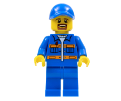 Blue Jacket with Pockets and Orange Stripes, Blue Legs, Blue Cap with Hole, Brown Moustache and Goatee