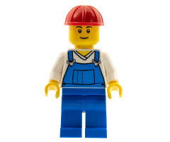Overalls Blue over V-Neck Shirt, Blue Legs, Red Construction Helmet