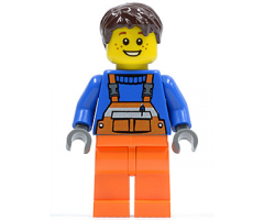 Overalls with Safety Stripe Orange, Orange Legs, Dark Brown Tousled Hair, Open Grin and Freckles