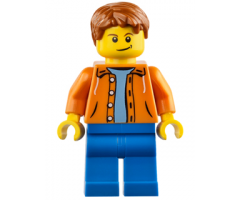 Orange Jacket with Hood over Light Blue Sweater, Blue Legs, Dark Orange Short Tousled Hair, Crooked Smile with Black Dimple