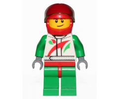 Race Car Driver, White Race Suit with Octan Logo, Red Helmet with Trans-Black Visor, Crooked Smile with Brown Dimple