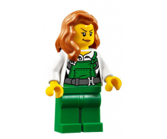 Police - City Bandit Female with Green Overalls, Dark Orange Female Hair over Shoulder, Peach Lips Smirk