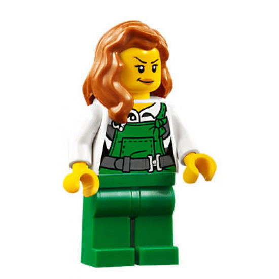 Police - City Bandit Female with Green Overalls, Dark Orange Female Hair over Shoulder, Peach Lips Smirk