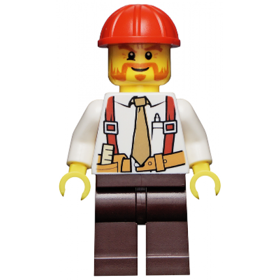 Construction Foreman - Shirt with Tie and Suspenders, Dark Brown Legs, Red Construction Helmet