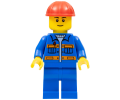 Blue Jacket with Pockets and Orange Stripes, Blue Legs, Red Construction Helmet, Thin Grin