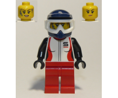Trail Cyclist, Female, Red and White Race Jacket, Dark Blue Dirt Bike Helmet