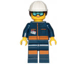 Ground Crew Technician - Female, Dark Blue Jumpsuit, White Construction Helmet with Dark Brown Ponytail Hair, Light Blue Goggles