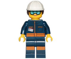 Ground Crew Technician - Female, Dark Blue Jumpsuit, White Construction Helmet with Dark Brown Ponytail Hair, Light Blue Goggles