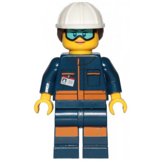 Ground Crew Technician - Female, Dark Blue Jumpsuit, White Construction Helmet with Dark Brown Ponytail Hair, Light Blue Goggles