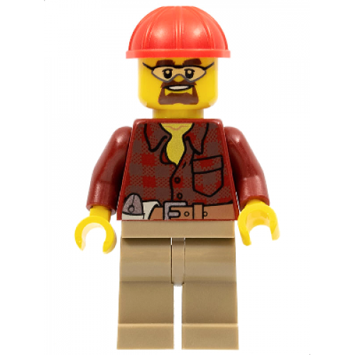 Flannel Shirt with Pocket and Belt, Dark Tan Legs, Red Construction Helmet, Safety Goggles