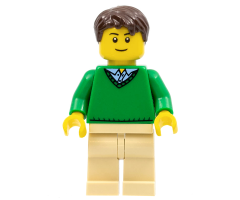 Green V-Neck Sweater, Tan Legs, Dark Brown Short Tousled Hair, Thin Grin