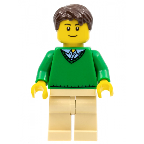 Green V-Neck Sweater, Tan Legs, Dark Brown Short Tousled Hair, Thin Grin