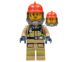 Fire - Reflective Stripes, Dark Tan Suit, Red Fire Helmet, Open Mouth with Peach Lips and Dirty Face, Breathing Neck Gear with Blue Air Tanks