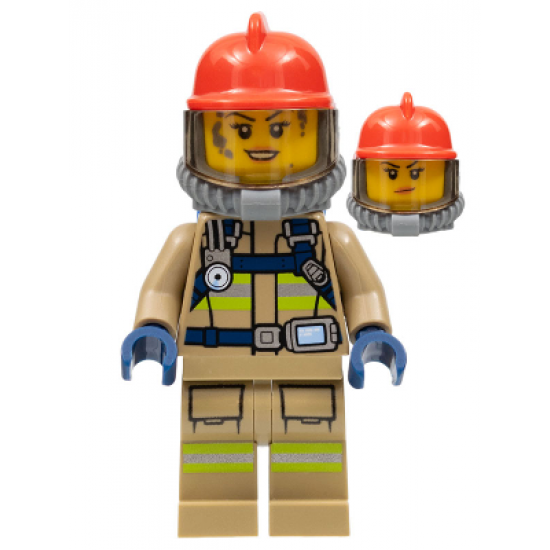 Fire - Reflective Stripes, Dark Tan Suit, Red Fire Helmet, Open Mouth with Peach Lips and Dirty Face, Breathing Neck Gear with Blue Air Tanks