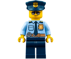 Police - City Officer Shirt with Dark Blue Tie and Gold Badge, Dark Tan Belt with Radio, Dark Blue Legs, Police Hat with Gold Badge, Sunglasses