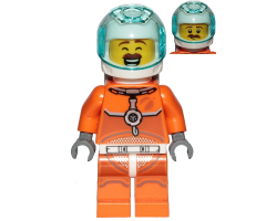 Astronaut - Male, Orange Spacesuit with Dark Bluish Gray Lines, Trans Light Blue Large Visor, Large Smile with Eyes Closed and Smirk
