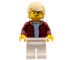 Man, Dark Red Jacket with Bright Light Blue Shirt, White Legs, Tan Tousled Hair, Lopsided Grin (Car Driver)