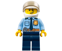 Police - City Officer Shirt with Dark Blue Tie and Gold Badge, Dark Tan Belt with Radio, Dark Blue Legs, White Helmet