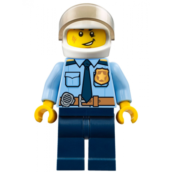 Police - City Officer Shirt with Dark Blue Tie and Gold Badge, Dark Tan Belt with Radio, Dark Blue Legs, White Helmet