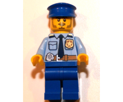 Police - City Shirt with Dark Blue Tie and Gold Badge, Dark Tan Belt with Radio, Blue Legs, Blue Police Hat, Black Stubble and Raised Right Eyebrow