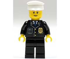 Police - City Suit with Blue Tie and Badge, Black Legs, White Hat, Brown Eyebrows, Thin Grin