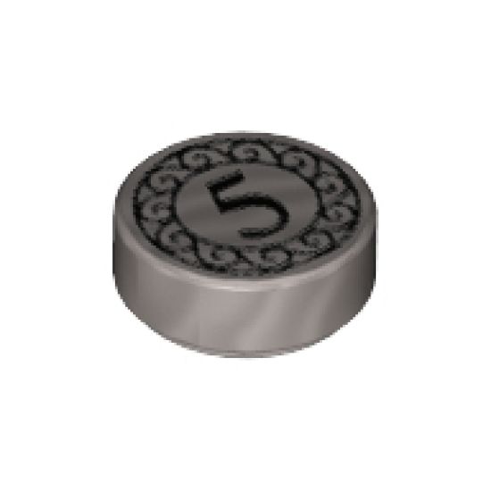 Tile, Round 1 x 1 with Black Number 5 Coin Pattern