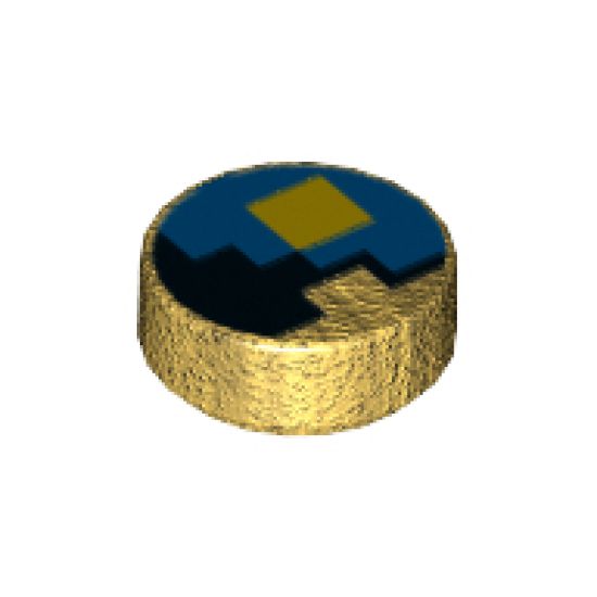 Tile, Round 1 x 1 with Yellow Square on Black and Blue Background Pattern (Minecraft Clock)