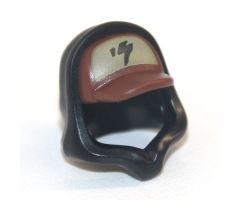 Minifigure, Headgear Cap - Short Curved Bill and Black Hood with Black Lightning on Dark Tan Pattern