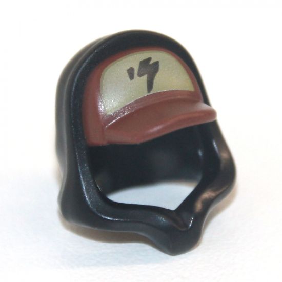 Minifigure, Headgear Cap - Short Curved Bill and Black Hood with Black Lightning on Dark Tan Pattern