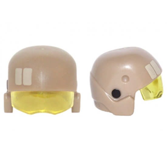 Minifigure, Headgear Helmet SW Resistance Trooper with Molded Trans-Yellow Visor and Printed Tan Rectangles and Black Circles Pattern