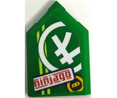 Tile, Modified 2 x 3 Pentagonal with Red 'ninjago', Ninjago Logogram 'L', Ninja Head in Circle and Yellowish Green Stripes Pattern (Sticker) - Set 71709