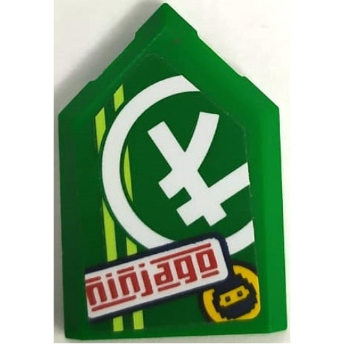 Tile, Modified 2 x 3 Pentagonal with Red 'ninjago', Ninjago Logogram 'L', Ninja Head in Circle and Yellowish Green Stripes Pattern (Sticker) - Set 71709