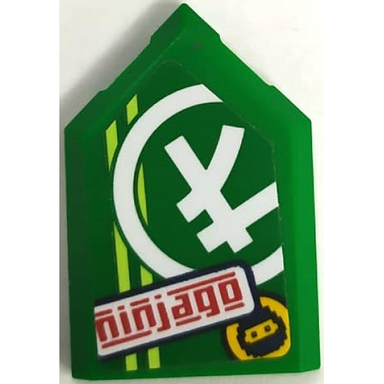 Tile, Modified 2 x 3 Pentagonal with Red 'ninjago', Ninjago Logogram 'L', Ninja Head in Circle and Yellowish Green Stripes Pattern (Sticker) - Set 71709