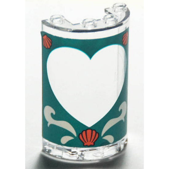 Cylinder Half 2 x 4 x 5 with 1 x 2 Cutout with Heart Border and Coral Shells on Dark Turquoise Background Pattern (Sticker) - Set 41380