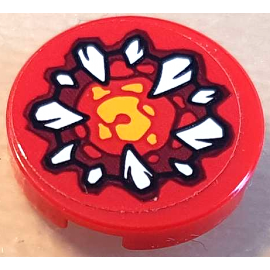 Tile, Round 2 x 2 with Bottom Stud Holder with Dark Red and Bright Light Orange Maw with White Fangs Pattern (Sticker) - Set 70323
