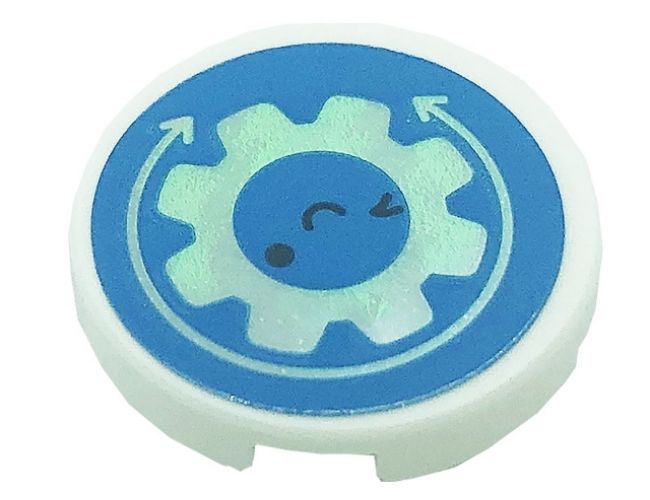 Tile, Round 2 x 2 with Bottom Stud Holder with Arrows, Tooth Gear, Eyes and Smile on Dark Azure Background Pattern (Sticker) - Set 41366