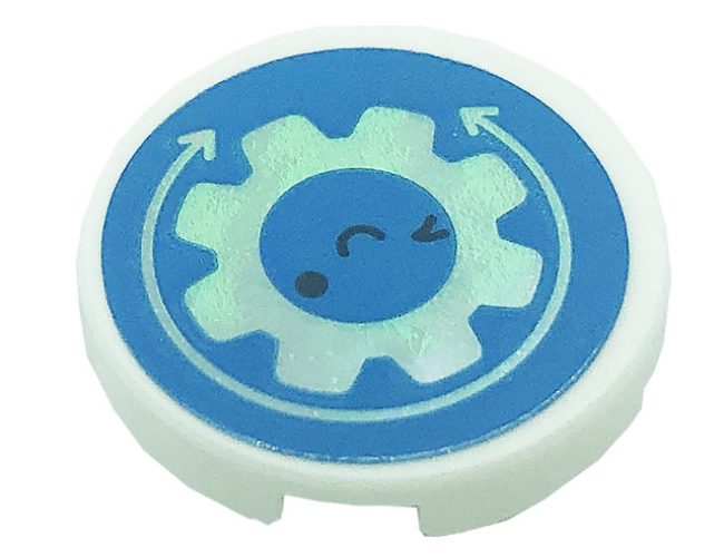 Tile, Round 2 x 2 with Bottom Stud Holder with Arrows, Tooth Gear, Eyes and Smile on Dark Azure Background Pattern (Sticker) - Set 41366