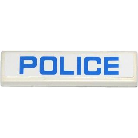 Tile 1 x 4 with Blue 'POLICE' on White Background Pattern (Sticker) - Sets 60042 / 60044