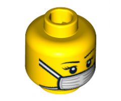 Minifigure, Head Female with Black Thin Eyebrows, Eyelashes and White Surgical Mask Pattern - Hollow Stud